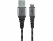Goobay Adaptérový kabel USB 2.0, zástrčka USB-A > zástrčka Lightning (šedo-stříbrný, 2 metry, s návlekem, kovové konektory)