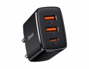 Baseus nabíječka Baseus Compact Quick Charger nástěnná nabíječka, 2xUSB, USB-C, PD, 3A, 30W (černá)