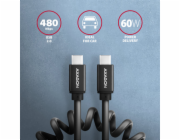 AXAGON BUCM-CM20TB, TWISTER kabel USB-C <-> USB-C, 1.1m, USB 2.0, PD 60W 3A, ALU, tpe, černý