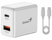 GENIUS nabíjecí set PD-20ACP, 20W, rychlé nabíjení, USB-C PD3.0, USB-A QC3.0, 1m kabel USB-C USB-C, bílá