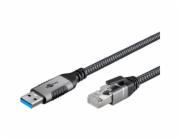 Goobay Ethernetový kabel USB-A 3.2 Gen1 samec > RJ-45 samec (černo-stříbrný, 10 metrů, opletený textilní plášť)
