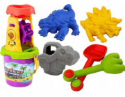 LeanToys Pískoviště Sada dinosaurů Mlýnek na trychtýř Lopatka Hrábě Konev Formy