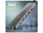 AXAGON HMC-7HX2, USB 5Gbps hub, 2x USB-A, USB-C, 2x HDMI 4k/60Hz, RJ-45 GLAN, PD 100W, kabel USB-C 15cm