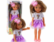 LeanToys Panenka ve fialových šatech, s dlouhými hnědými vlasy a květinovou sponou od LEAN Toys