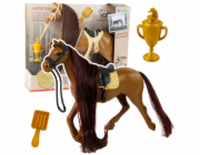 LeanToys Kůň s dlouhou hřívou, sedlo, kartáč, příslušenství, hnědá, LEAN Toys