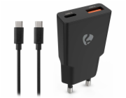 NEDIS síťová nabíječka/ 20 W/ PD 3.0/ rychlé nabíjení/ 1.5 / 2.0 / 2.22 / 3.0 A/ USB-A/ USB-C/ černá/ kabel 1,5m