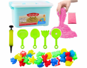 LeanToys Sada kinetického písku růžová 3kg, formy, nářadí, nafukovací deska