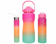 ExtraLink Sada motivačních lahví na vodu 3 v 1, růžovo-oranžová, 2000 ml + 900 ml + 300 ml