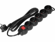 Orno 5cestný prodlužovací kabel 2P+Z, s vypínačem, 5m H05VV-F 3x1,5mm2, Imax=16A, plochá zástrčka, černá