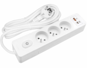 Velstro Přenosný třícestný prodlužovací kabel s uzemněním, vypínačem a kontaktními clonami, s USB (PD20W), kabel 1,5 mm2, 2 m G3FH22B