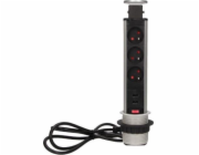 Orno Nábytková zásuvka , 3x250V AC, výsuvná z pracovní desky, s USB nabíječkou, zámkem a 1,8m kabelem, stříbrná