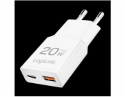 LogiLink Nabíječka USB do zásuvky, GaN, 2portová, USB-AF a USB-CF, PD 20W, tenká, bílá