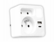 LTC Rozbočovač napájení s nočním světlem: 1 kulatá zásuvka s uzemněním + 1 plochá zásuvka + 1x USB + 1x USB-C, bílý 3A