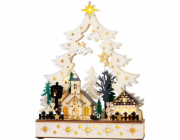 Dekorace MagicHome Vánoce, vesnička, dřevo, 12xLED teplá bílá, 25x7.5x32 cm, 2xAA