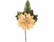 Větvička MagicHome Vánoce, s květem poinsettie, zlatá, 18 cm