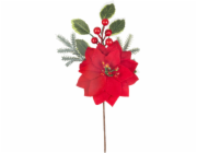 Větvička MagicHome Vánoce, s květem poinsettie, červená, 24 cm