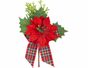 Větvička MagicHome Vánoce, s květem poinsettie a stuhou, červená, 17 cm