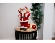 Dekorácia MagicHome Vianoce, Santa s darčekmi a medvedíkom, červený, 30 cm