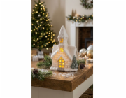 Dekorace MagicHome Vánoce, kostel, 3 LED žlutá, keramika, 2xAAA, vnitřní, 17x11x27 cm