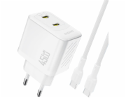 Dudao 2x USB-C nabíječka do zásuvky s kabelem USB-C GaN PD 45W - bílá 2x USB-C nabíječka do zásuvky s kabelem USB-C GaN PD 45W - bílá
