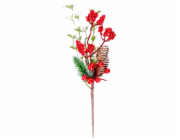 MagicHome Vánoční větvička s bobulemi a šiškami, červená, zasněžená, 27 cm