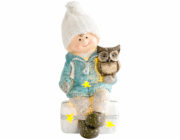 MagicHome Vánoční figurka, Chlapec sedící na stoličce se sovou, 1 LED, polyresin, 10,5x10,5x19,5 cm