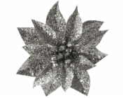 Kvet MagicHome Vianoce GlitterPoinsettia, so štipcom, strieborný, veľkosť kvetu: 9 cm, dĺžka kvetu: 