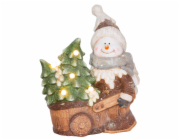 Dekorace MagicHome Vánoce, Sněhulák s vozíkem, 6 LED, 3xAA, keramika, 35x24x43 cm