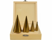 GEKO Vrtáky stupňovté, sada 4ks, 4-12mm, 4-20mm, 4-32mm, 4-39mm, dřevěná kazeta, TiN GEKO