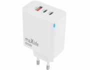 MaxLife GaN PD QC síťová nabíječka MXTC-09-65ACC 2x USB-C 1x USB 65W bílá