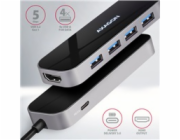 AXAGON HMC-6H4A, USB 3.2 Gen 1 hub, porty 4x USB-A, HDMI 4k/30Hz, PD 100W, kabel USB-C 20cm