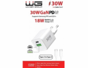 WG - Síťová nabíječka GaN 2x USB 30W, 1x USB-C PD3.0 PPS QC4 30W + USB-A 18W, kabel Type-C na Type-C, bílá