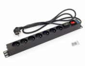 Rozvodný panel Triton 19“ 1U; 7 x zásuvka podle ČSN, max. 16 A; kabel 3 x 1,5 mm, 2 m + zástrčka univerzál CZ-DE max. 16