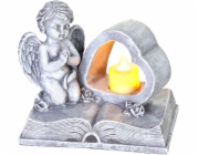 Dekorácia MagicHome, Anjel na knihe so srdcom, LED, polyresin, na hrob, 19x12,5x16,5 cm
