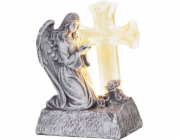 Dekorácia MagicHome, Anjel s holubicou pri kríži, LED, polyresin, na hrob, solar, 12x8x16,5 cm