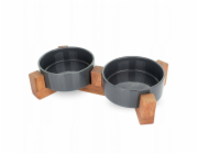 Barry King Sada 2 misek pro kočky na dřevěném stojanu, tmavě šedá, keramická, 12 cm