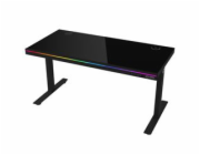 LORGAR stůl s nastavitelnou výškou, bezdrátovou nabíječkou, RGB osvětlením a USB porty,  tvrzené sklo, černý