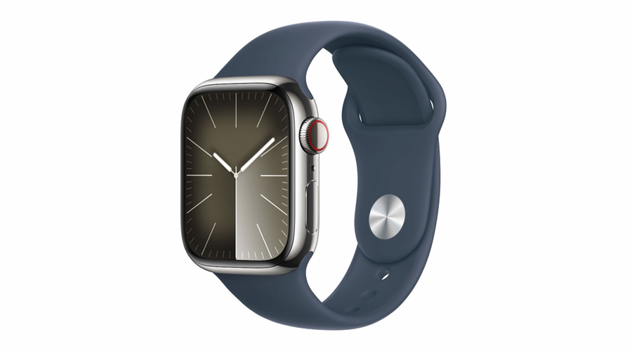 APPLE Watch Series 9 GPS + Cellular 45mm Silver Stainless Steel Case with Storm Blue Sport Band - M/L