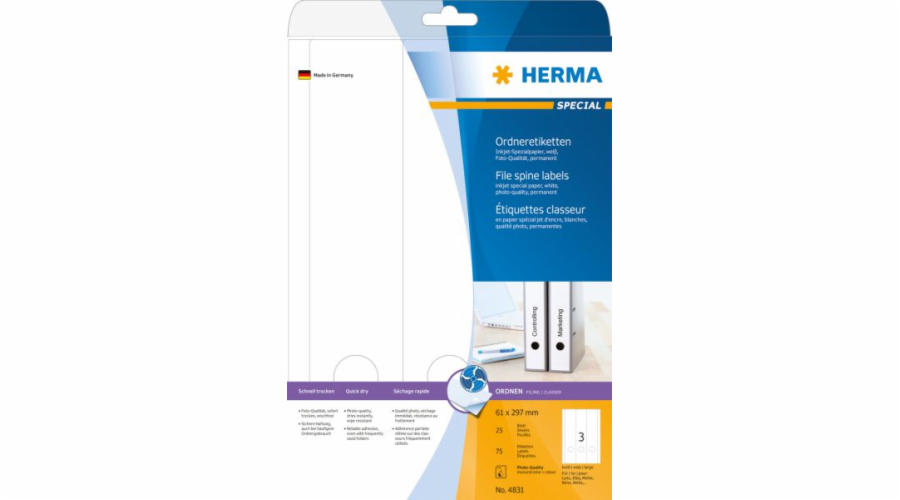 Herma Labels Special 4831, pro pořadače, A4, bílá, 61 x 297 mm, matný papír, pro inkoustové tiskárny, 75 ks, zaoblené rohy (4831)