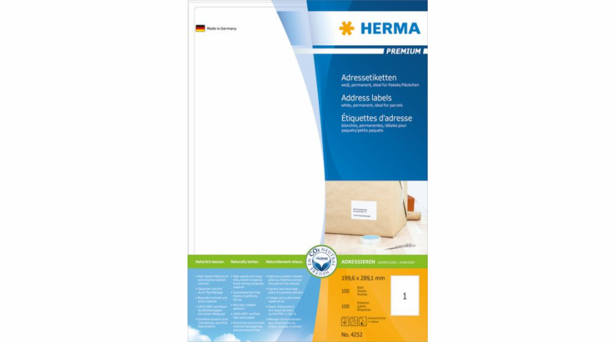 Herma Premium Labels 4252, A4, adresa, bílá, 199,6 x 289,1 mm, matný papír, 100 ks, zaoblené rohy (4252)