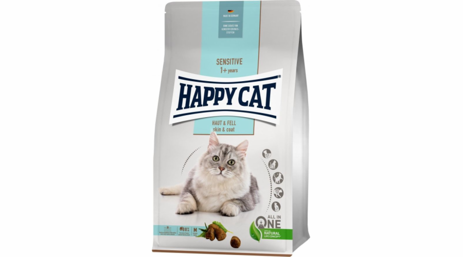 Happy Cat Sensitive Skin & Coat, suché krmivo, pro dospělé kočky, pro zdravou kůži a srst, 4 kg, sáček