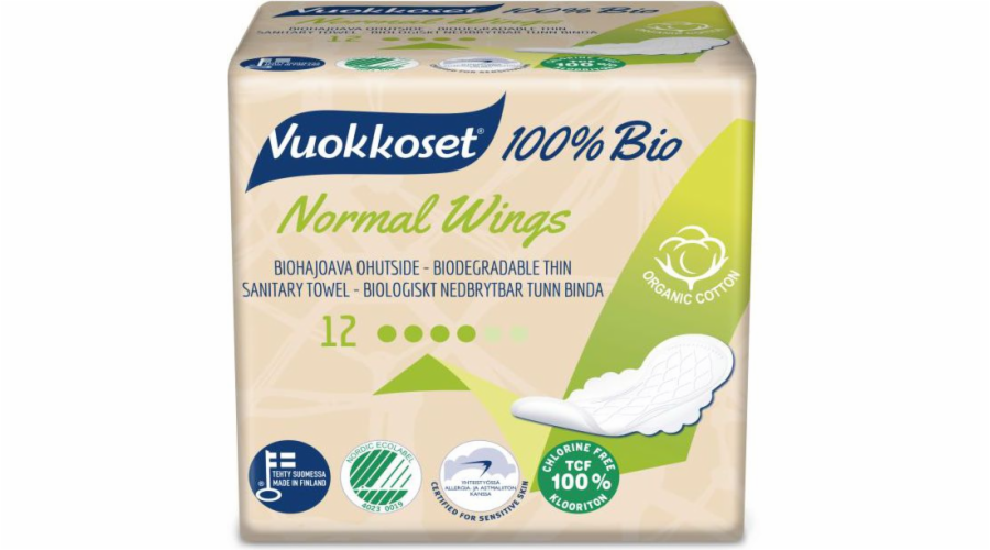Vuokkoset Hygienické vložky s křidélky Normal 100% Organic, 12 ks.