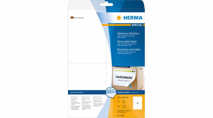 Herma Movables A4 odlepovací štítky, bílé, matný papír, 100 ks (5082)