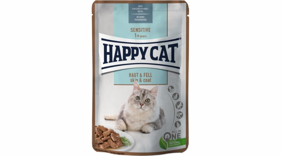 Happy Cat Sensitive Maso v omáčce Skin & Coat, vlhké krmivo, pro dospělé kočky, pro zdravou kůži a srst, kuře a losos, 85 g, sáček