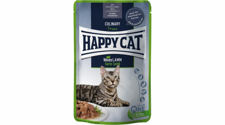 Happy Cat Culinary Meat in Sauce Farm Lamb, mokré krmivo, pro dospělé kočky, jehněčí maso, 85 g, sáček