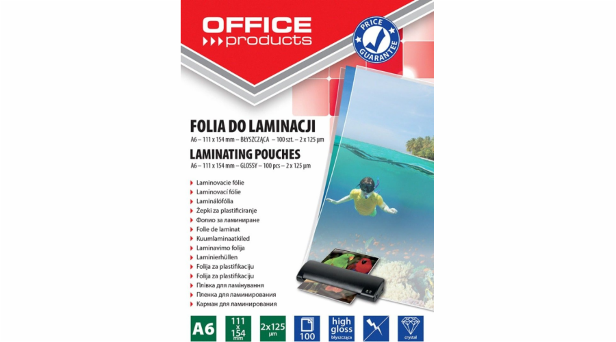 Kancelářské produkty KANCELÁŘSKÉ PRODUKTY laminovací fólie, A6, 2x125 mikronů, lesklá, 100 ks, transparentní