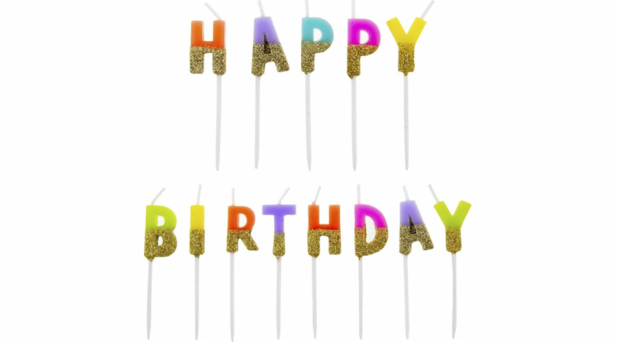 Svíčky GoDan Piker s nápisem - Happy Birthday se zlatými třpytkami, univerzální