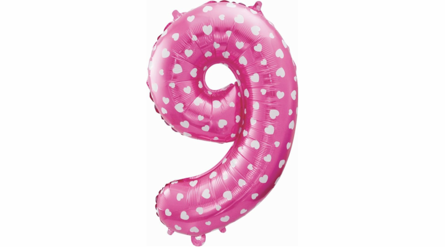 Fóliový balonek GoDan Number 9, růžový se srdíčky, 61 cm