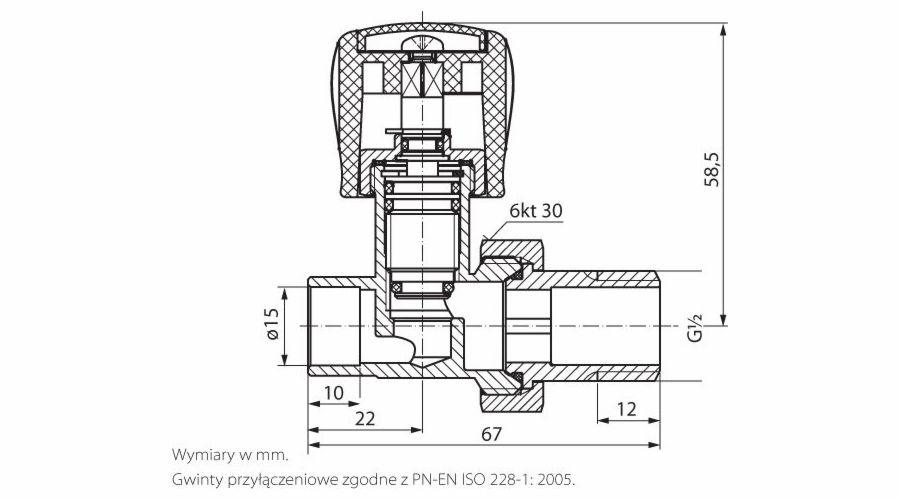 Perfexim Přímý 1/2cestný přívodní ventil radiátoru pro pájení PHA-030/L G1/2x15 (20-030-0000-200)