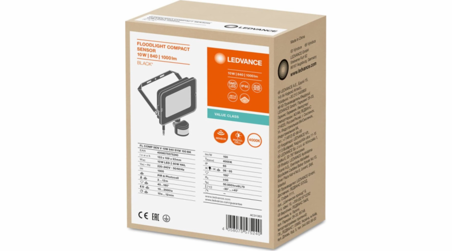 Světlometný LED projektor Ledvance FLOOD COMPACT SENSOR V 10W 840 SYM 100 BK 4058075575240